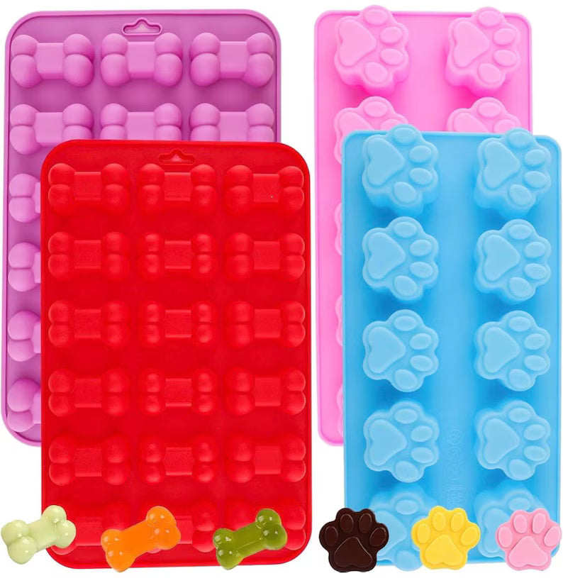 4 Pack Dog Paw & Bone Silicone Mold Set – Dog Treat Baking Molds for Chocolate, Candy, Jelly, Ice Cubes, Biscuits and Craft Projects