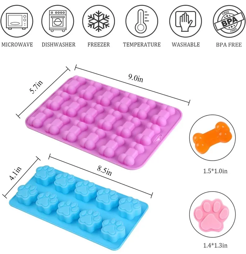 4 Pack Dog Paw & Bone Silicone Mold Set – Dog Treat Baking Molds for Chocolate, Candy, Jelly, Ice Cubes, Biscuits and Craft Projects