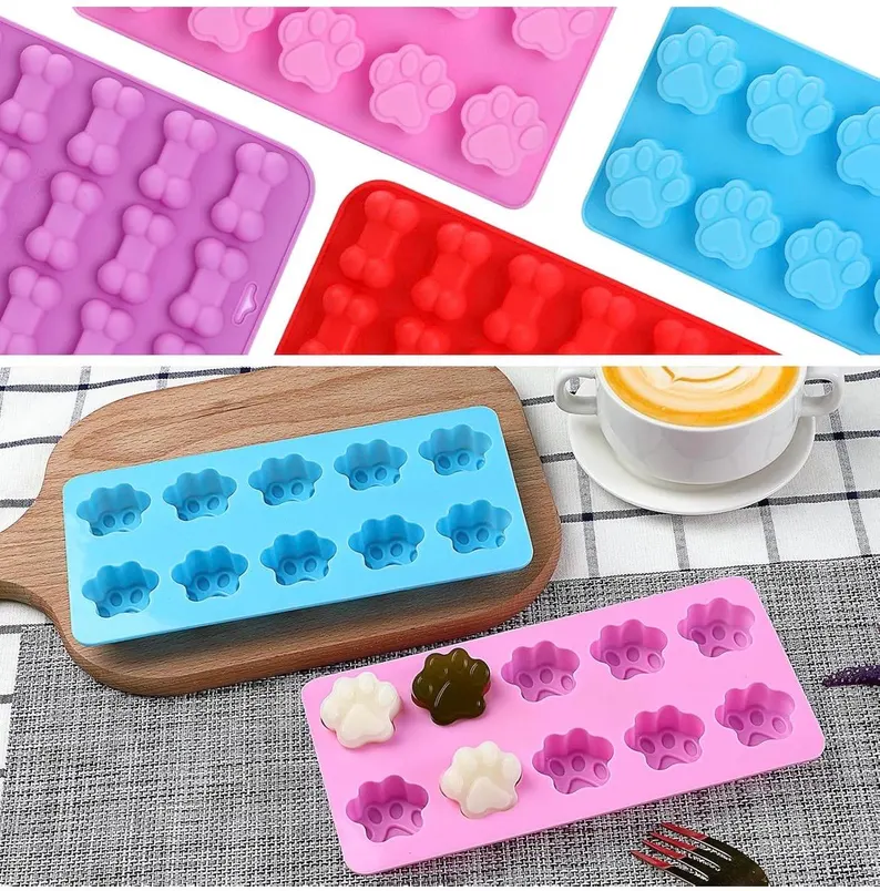 4 Pack Dog Paw & Bone Silicone Mold Set – Dog Treat Baking Molds for Chocolate, Candy, Jelly, Ice Cubes, Biscuits and Craft Projects