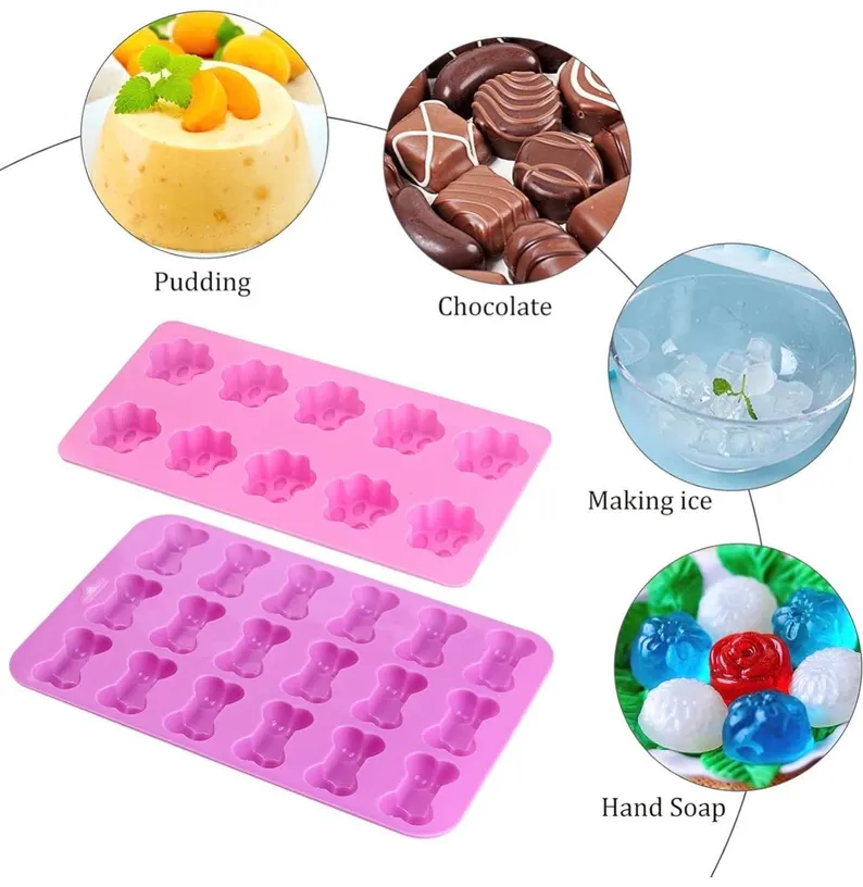 4 Pack Dog Paw & Bone Silicone Mold Set – Dog Treat Baking Molds for Chocolate, Candy, Jelly, Ice Cubes, Biscuits and Craft Projects